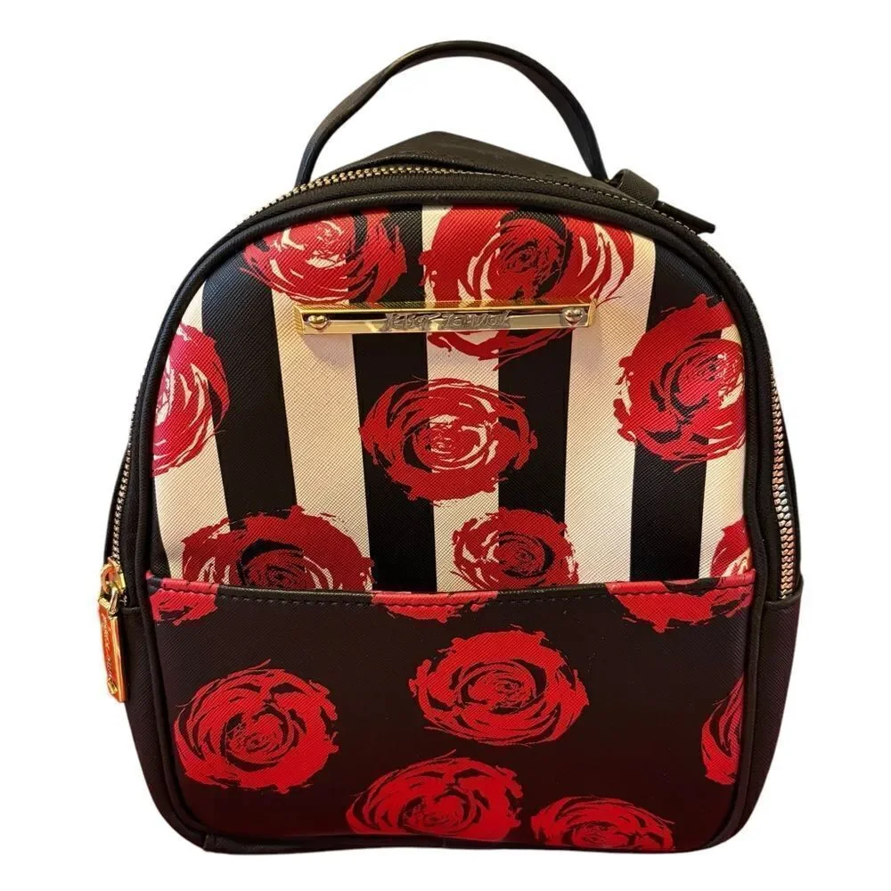 Betsey Johnson Black, White & Red Floral Mini Backpack w/ Gold Hardware